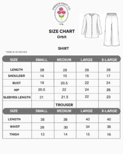 French Knot Co Orbit size chart - shirt and trouser measurements