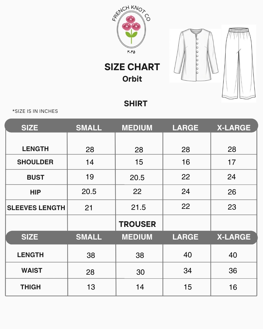 French Knot Co Orbit size chart